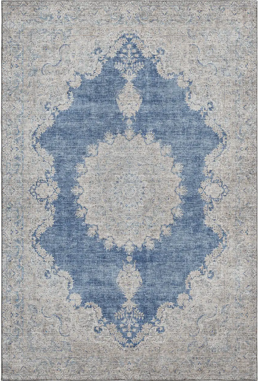 Navy Blue Gray And Ivory Oriental Washable Area Rug With UV Protection Photo 1