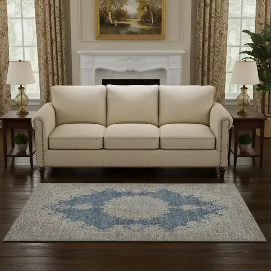 Navy Blue Gray And Ivory Oriental Washable Area Rug With UV Protection Photo 2