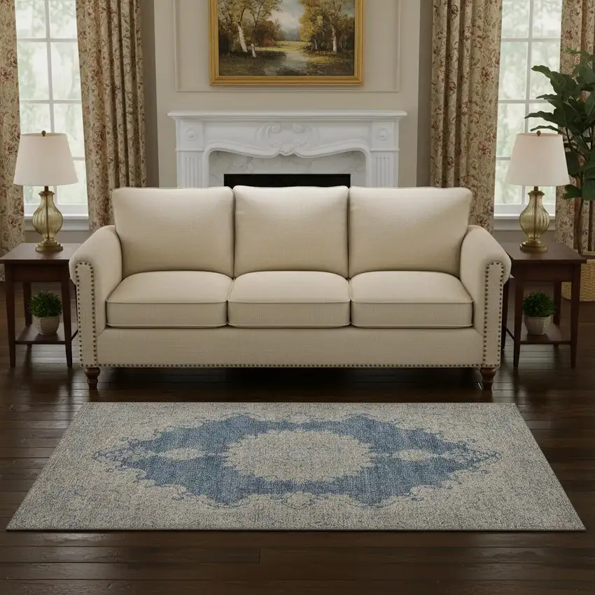 Navy Blue Gray And Ivory Oriental Washable Area Rug With UV Protection Photo 2