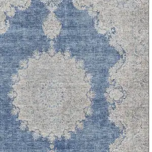 Photo of Navy Blue Gray And Ivory Oriental Washable Area Rug With UV Protection