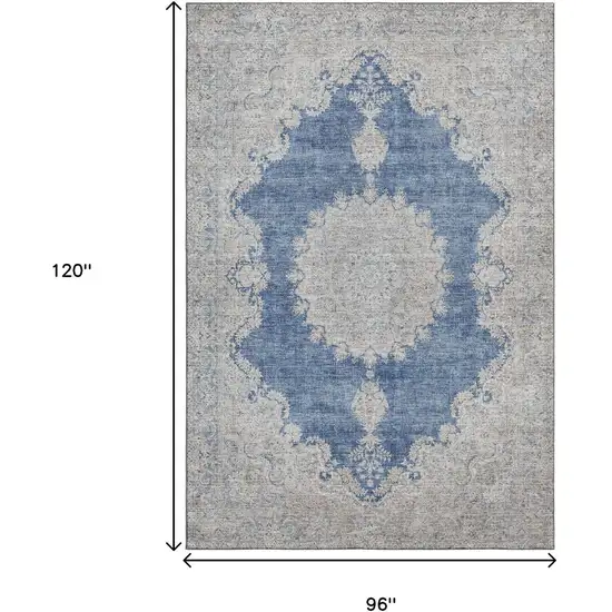 Navy Blue Gray And Ivory Oriental Washable Area Rug With UV Protection Photo 8