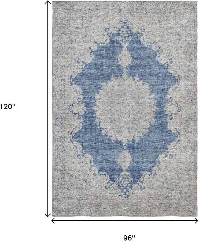 Navy Blue Gray And Ivory Oriental Washable Area Rug With UV Protection Photo 8