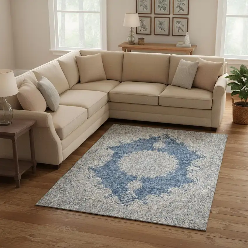 Navy Blue Gray And Ivory Oriental Washable Area Rug With UV Protection Photo 2