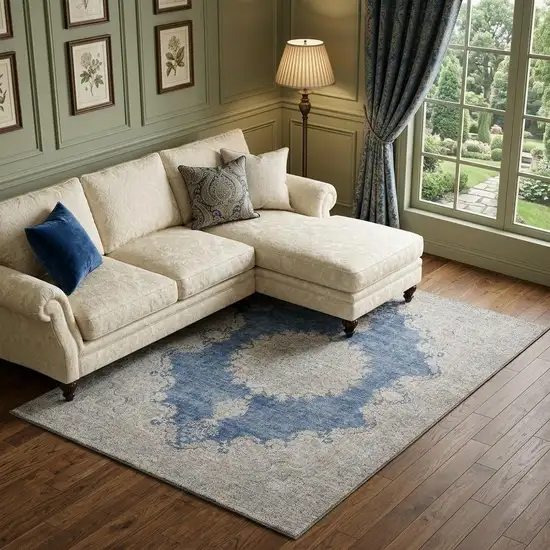 Navy Blue Gray And Ivory Oriental Washable Area Rug With UV Protection Photo 1