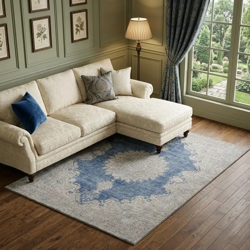 Navy Blue Gray And Ivory Oriental Washable Area Rug With UV Protection Photo 1