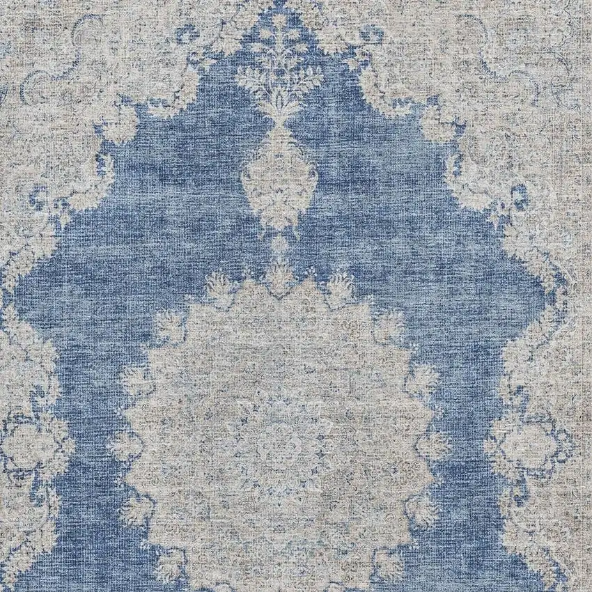 Navy Blue Gray And Ivory Oriental Washable Area Rug With UV Protection Photo 2