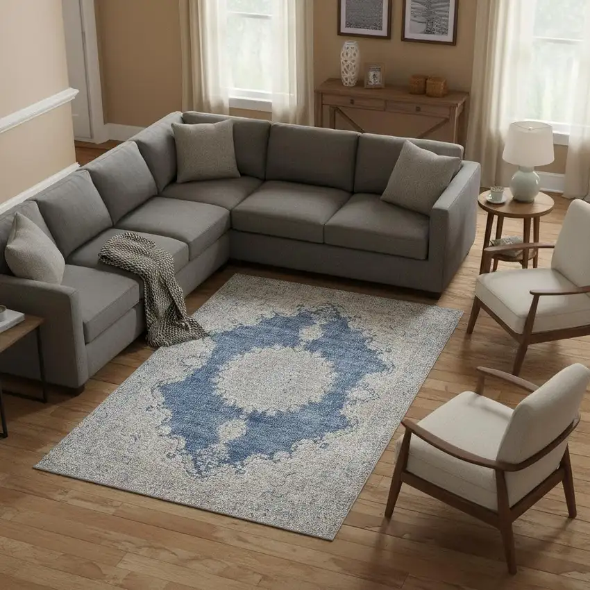 Navy Blue Gray And Ivory Oriental Washable Area Rug With UV Protection Photo 2