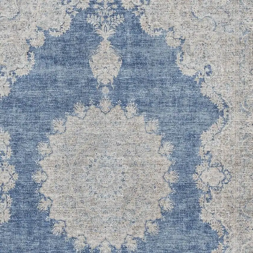 Navy Blue Gray And Ivory Oriental Washable Area Rug With UV Protection Photo 2