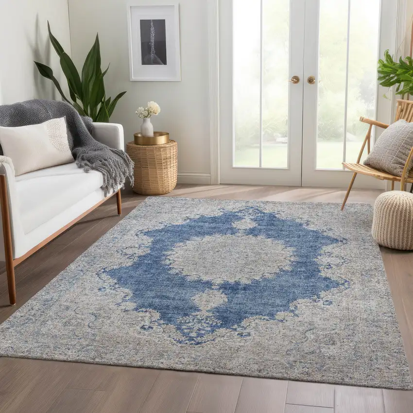Navy Blue Gray And Ivory Oriental Washable Area Rug With UV Protection Photo 5