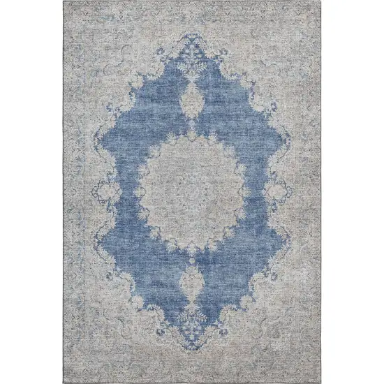 Navy Blue Gray And Ivory Oriental Washable Area Rug With UV Protection Photo 1