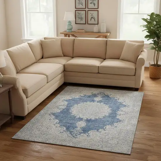 Navy Blue Gray And Ivory Oriental Washable Area Rug With UV Protection Photo 2