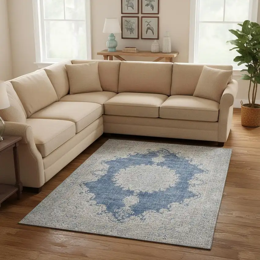 Navy Blue Gray And Ivory Oriental Washable Area Rug With UV Protection Photo 2