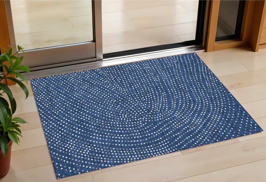 Navy Blue Gray And Ivory Polka Dot Washable Indoor Outdoor Area Rug Photo 1