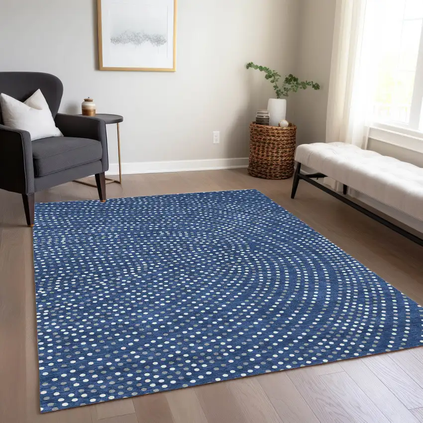 Navy Blue Gray And Ivory Polka Dot Washable Indoor Outdoor Area Rug Photo 9