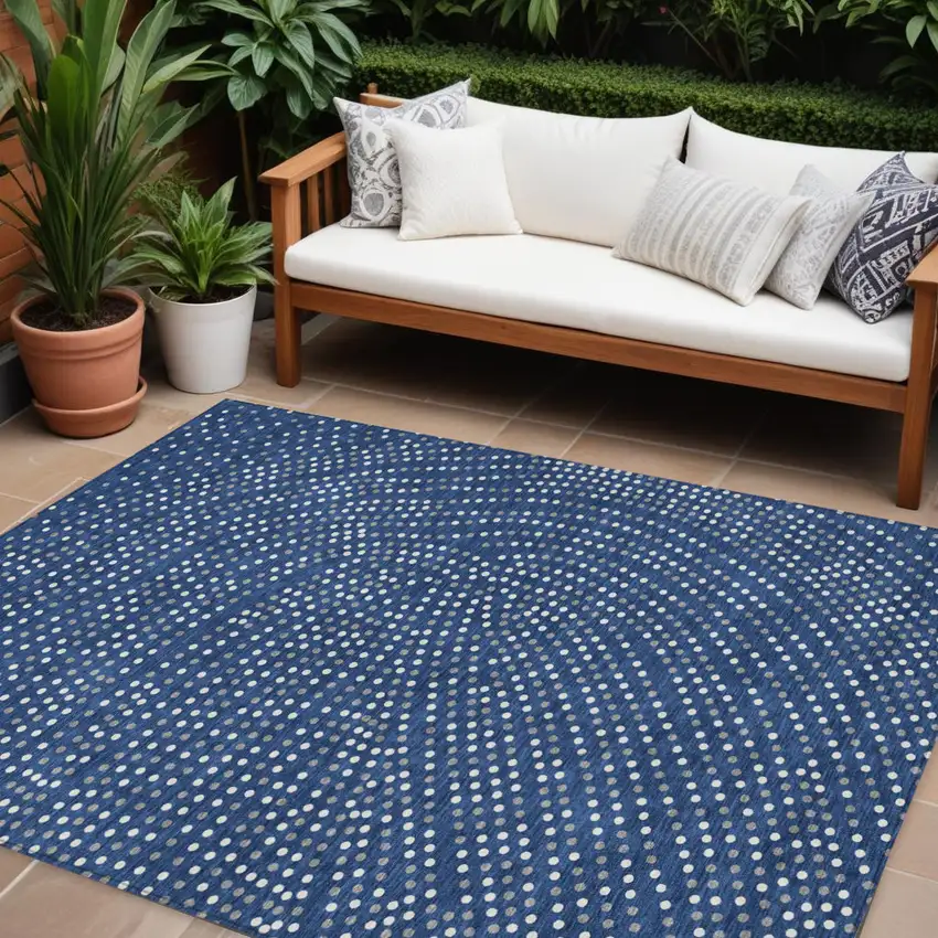 Navy Blue Gray And Ivory Polka Dot Washable Indoor Outdoor Area Rug Photo 1