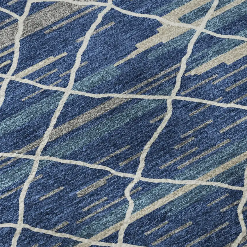 Navy Blue Gray And Ivory Striped Washable Area Rug With UV Protection Photo 9