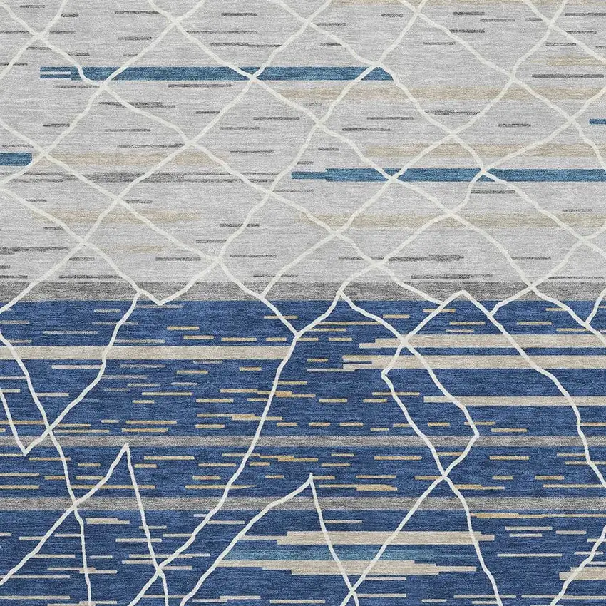 Navy Blue Gray And Ivory Striped Washable Area Rug With UV Protection Photo 2