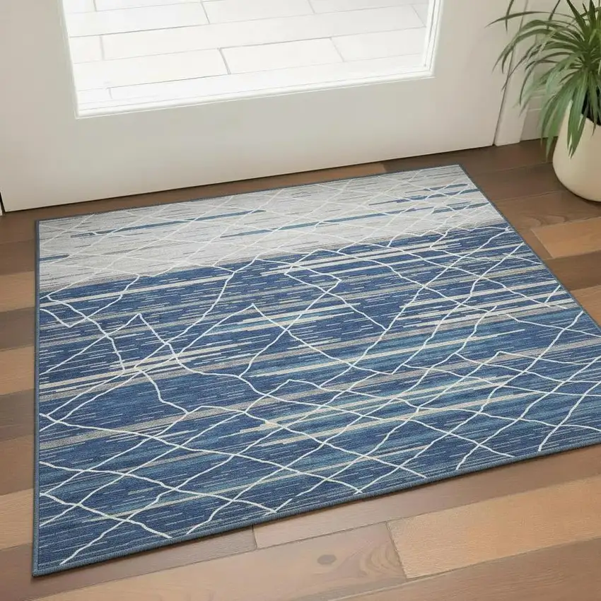 Navy Blue Gray And Ivory Striped Washable Area Rug With UV Protection Photo 2