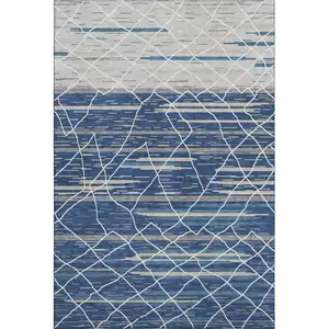 Photo of Navy Blue Gray And Ivory Striped Washable Area Rug With UV Protection