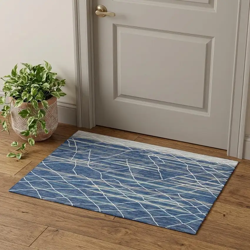 Navy Blue Gray And Ivory Striped Washable Area Rug With UV Protection Photo 1