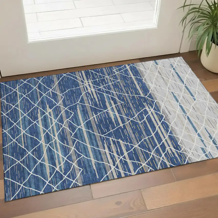 Navy Blue Gray And Ivory Striped Washable Area Rug With UV Protection Photo 1