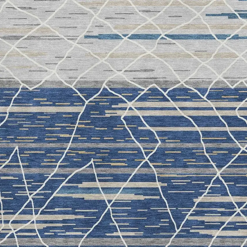 Navy Blue Gray And Ivory Striped Washable Area Rug With UV Protection Photo 2