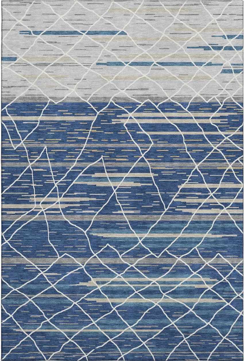 Navy Blue Gray And Ivory Striped Washable Area Rug With UV Protection Photo 1