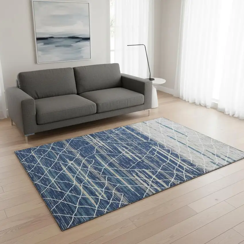 Navy Blue Gray And Ivory Striped Washable Area Rug With UV Protection Photo 2