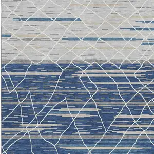 Photo of Navy Blue Gray And Ivory Striped Washable Area Rug With UV Protection