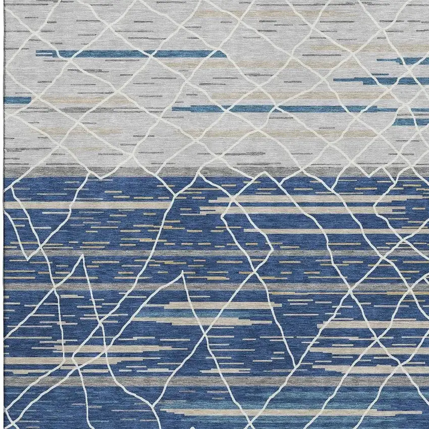 Navy Blue Gray And Ivory Striped Washable Area Rug With UV Protection Photo 2