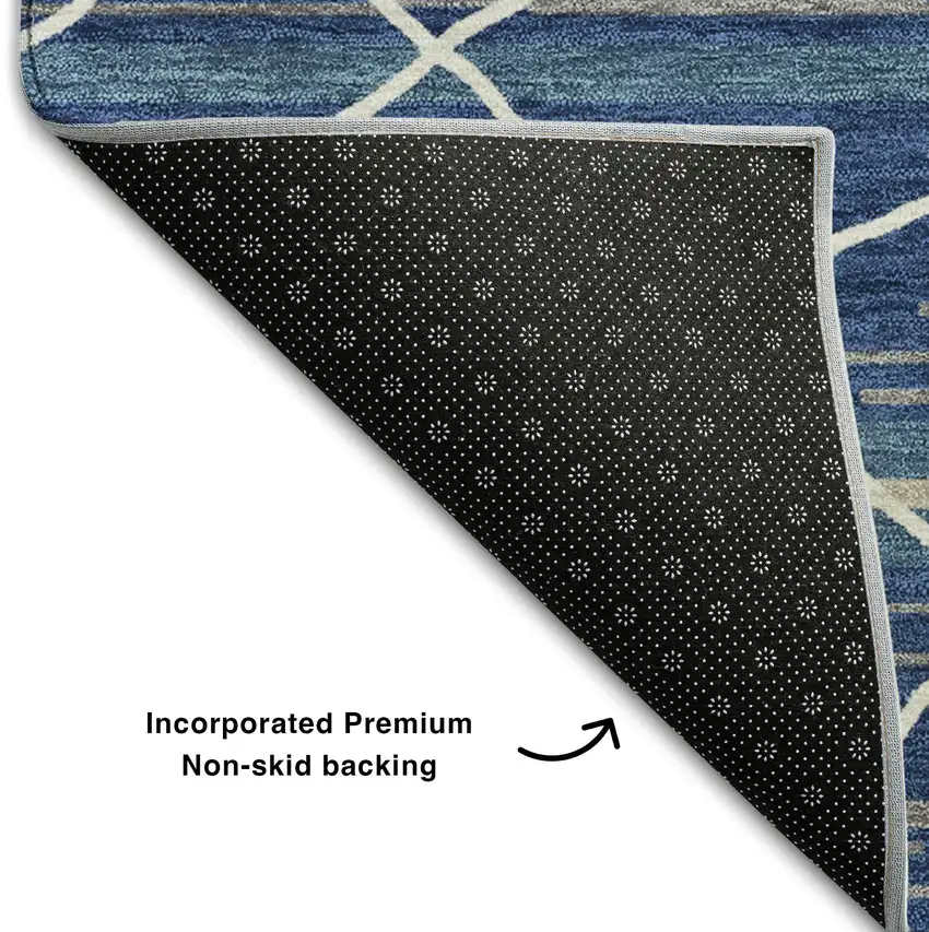 Navy Blue Gray And Ivory Striped Washable Area Rug With UV Protection Photo 6