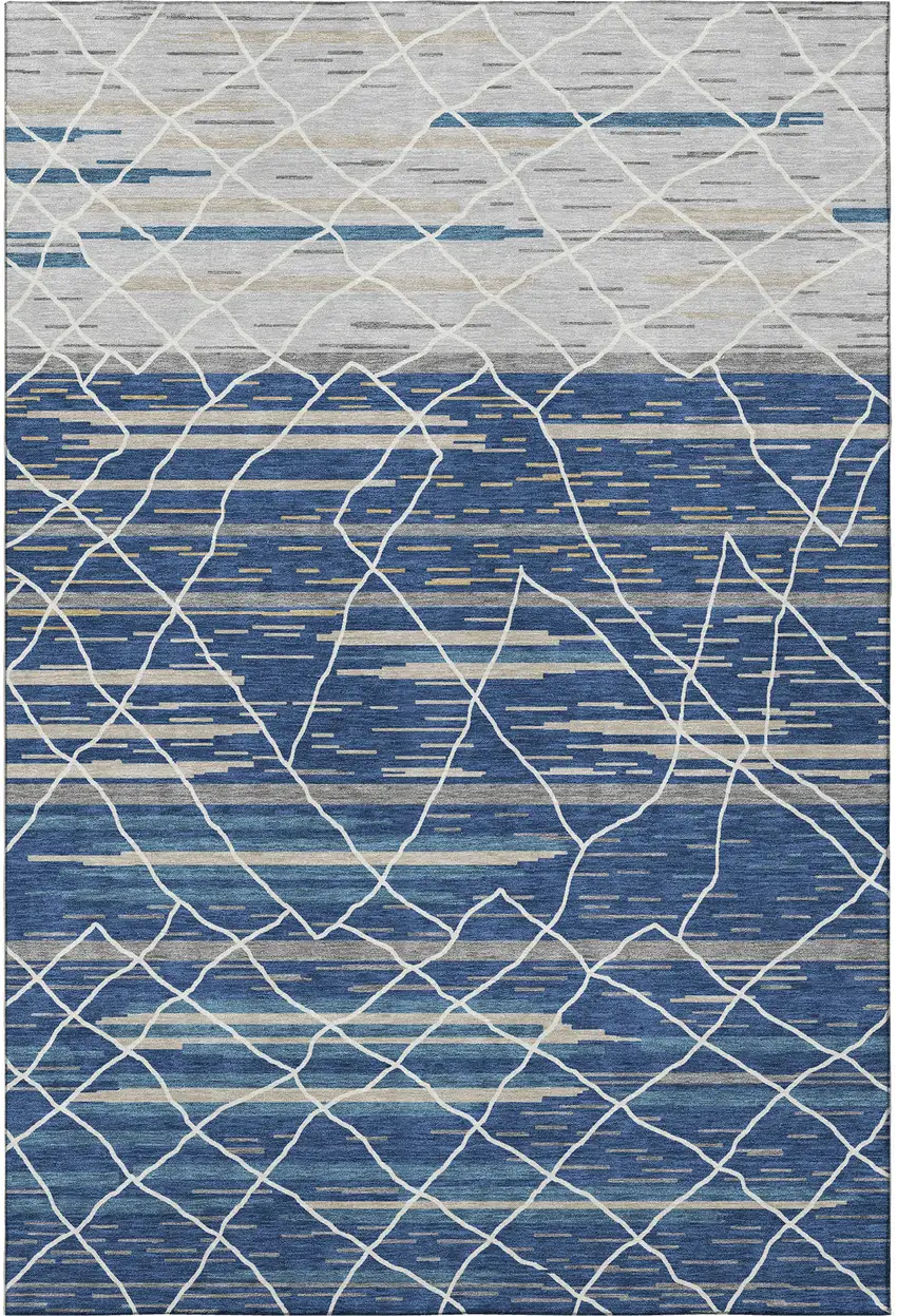 Navy Blue Gray And Ivory Striped Washable Area Rug With UV Protection Photo 3