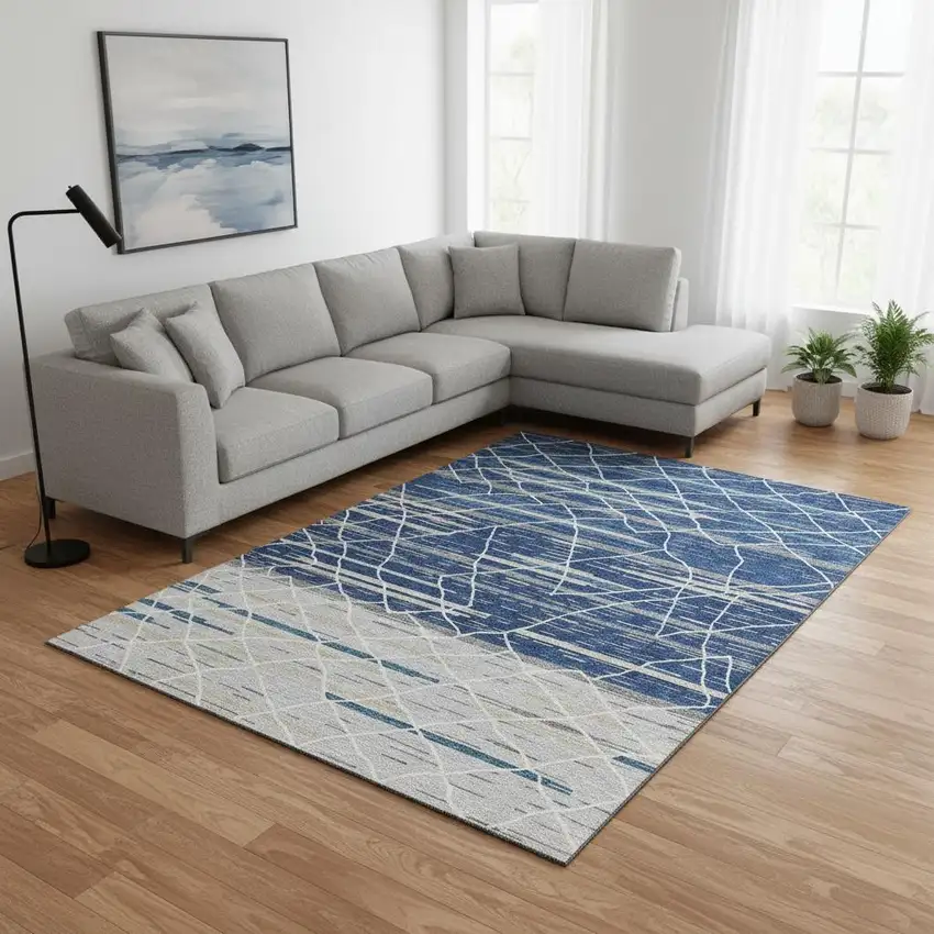 Navy Blue Gray And Ivory Striped Washable Area Rug With UV Protection Photo 2
