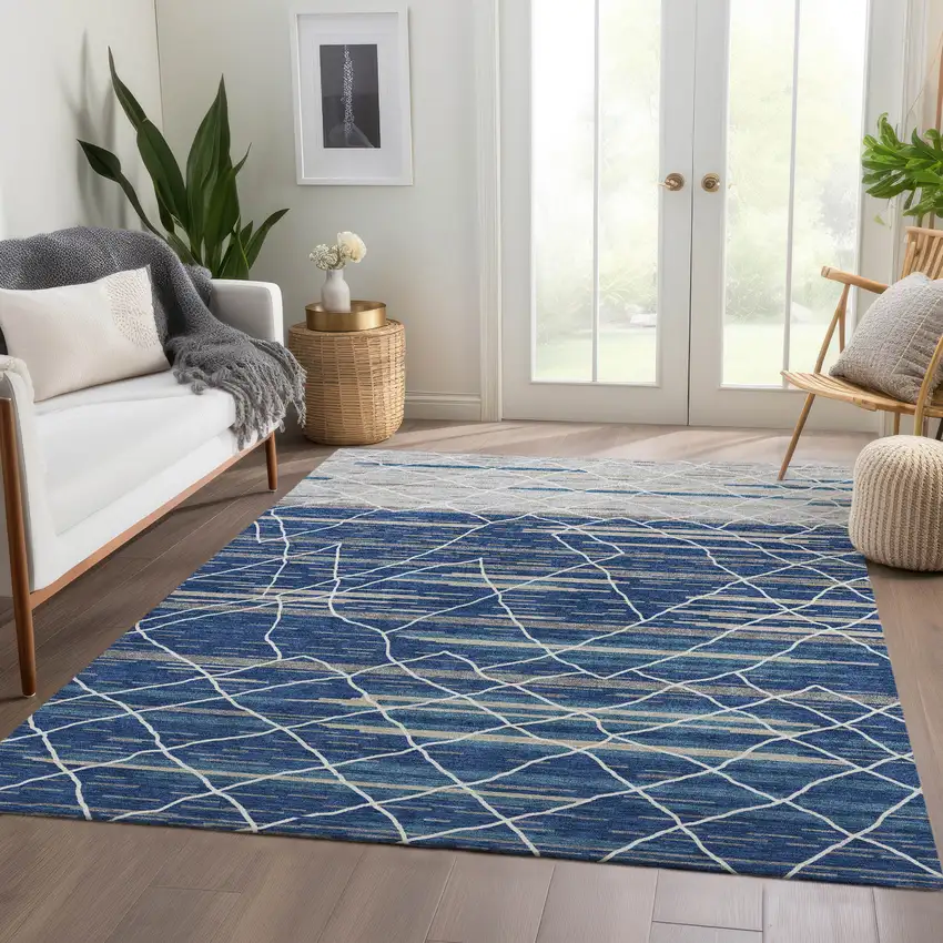 Navy Blue Gray And Ivory Striped Washable Area Rug With UV Protection Photo 5