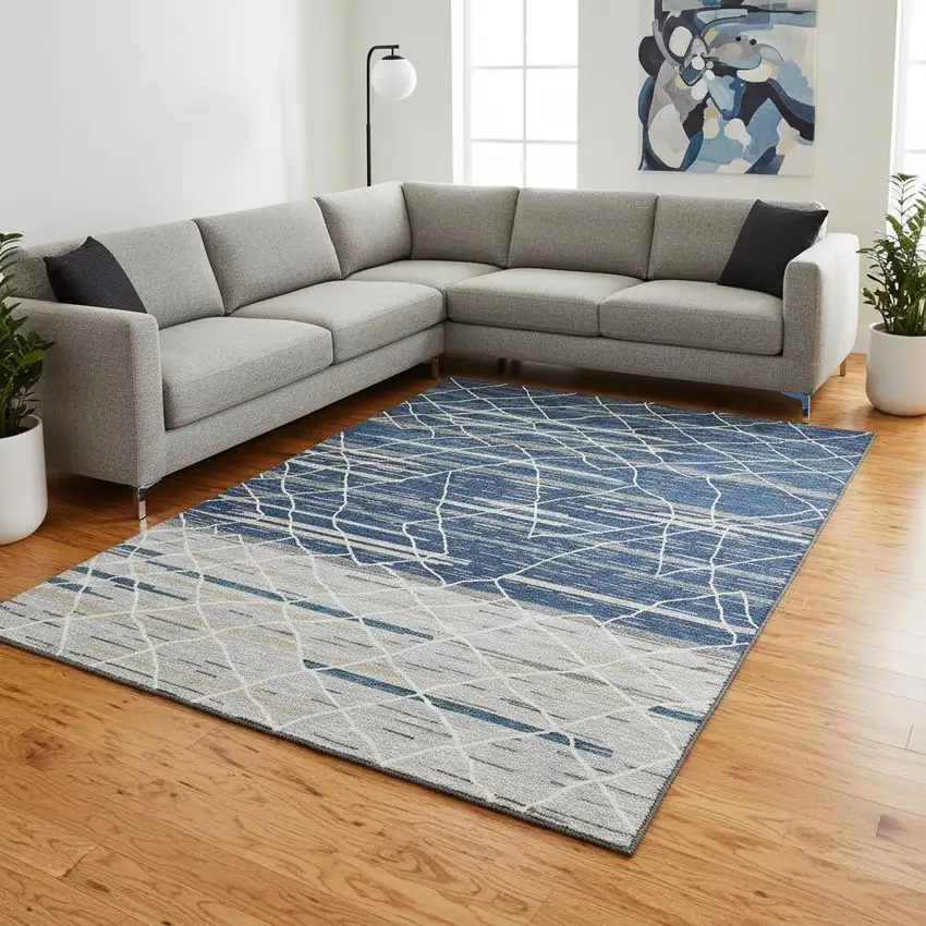 Navy Blue Gray And Ivory Striped Washable Area Rug With UV Protection Photo 2