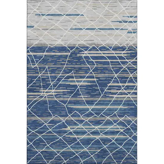 Navy Blue Gray And Ivory Striped Washable Area Rug With UV Protection Photo 1