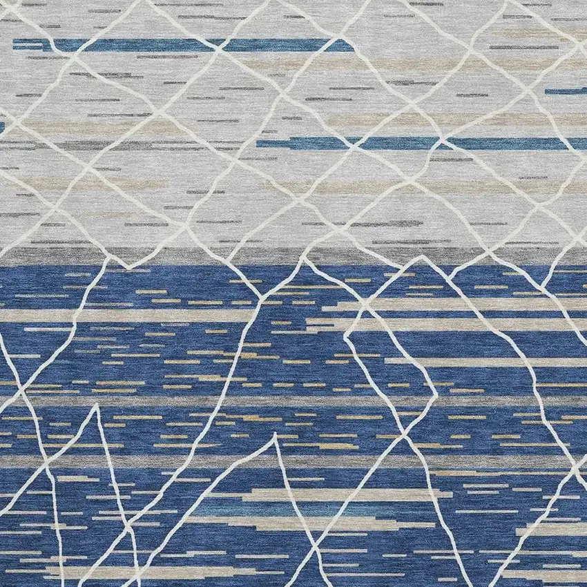 Navy Blue Gray And Ivory Striped Washable Area Rug With UV Protection Photo 2