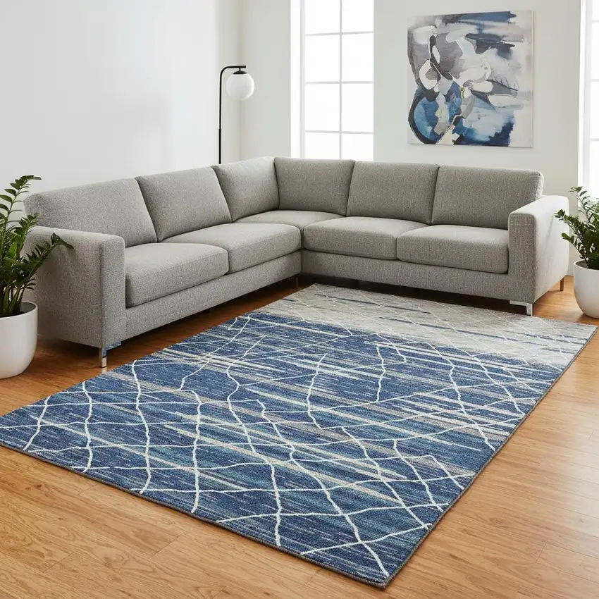 Navy Blue Gray And Ivory Striped Washable Area Rug With UV Protection Photo 2