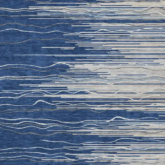 Navy Blue Gray And Ivory Striped Washable Indoor Outdoor Area Rug Photo 5