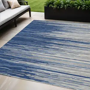 Photo of Navy Blue Gray And Ivory Striped Washable Indoor Outdoor Area Rug