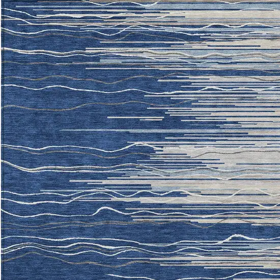 Navy Blue Gray And Ivory Striped Washable Indoor Outdoor Area Rug Photo 5