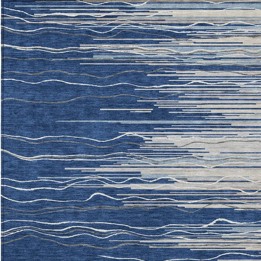 Navy Blue Gray And Ivory Striped Washable Indoor Outdoor Area Rug Photo 5