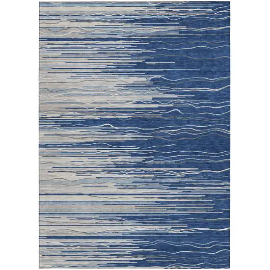 Navy Blue Gray And Ivory Striped Washable Indoor Outdoor Area Rug Photo 6