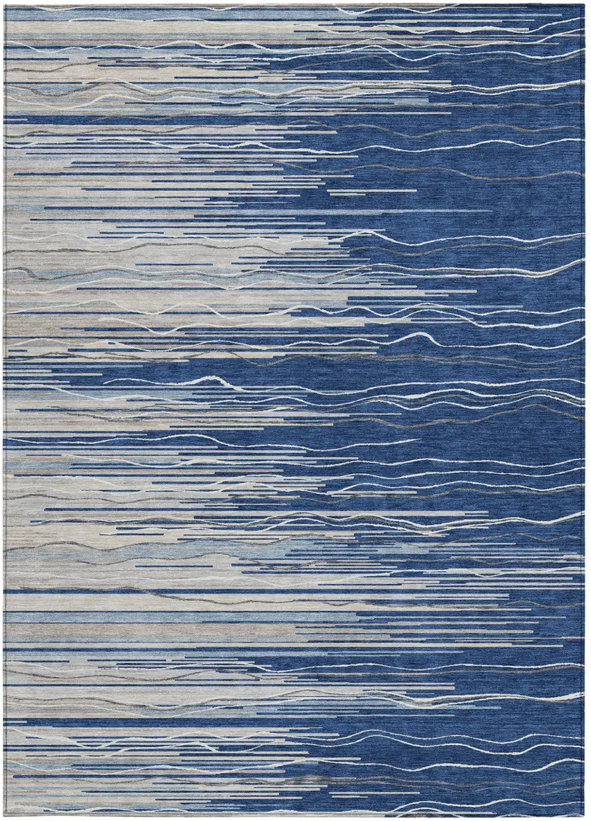 Navy Blue Gray And Ivory Striped Washable Indoor Outdoor Area Rug Photo 6