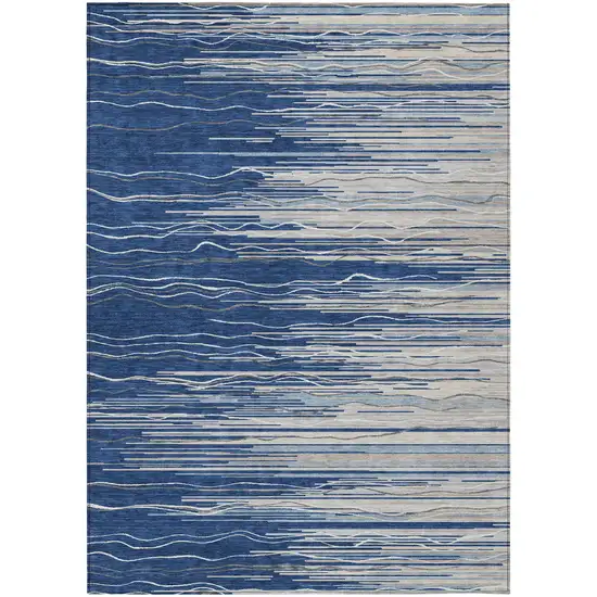 Navy Blue Gray And Ivory Striped Washable Indoor Outdoor Area Rug Photo 2