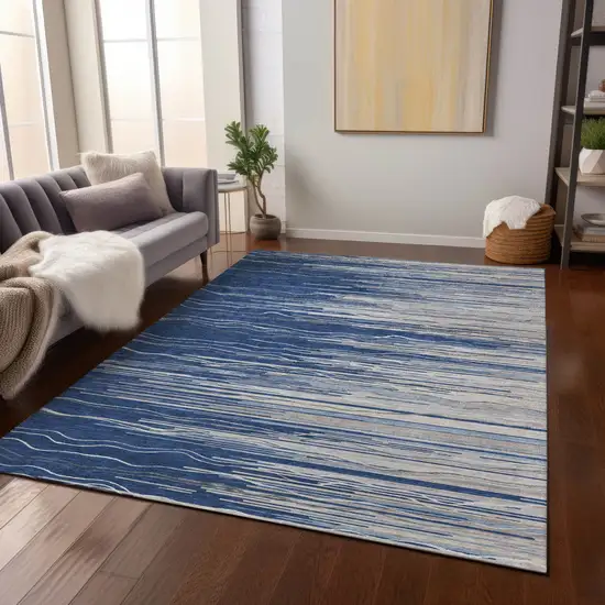 Navy Blue Gray And Ivory Striped Washable Indoor Outdoor Area Rug Photo 8