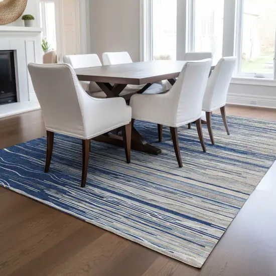 Navy Blue Gray And Ivory Striped Washable Indoor Outdoor Area Rug Photo 9