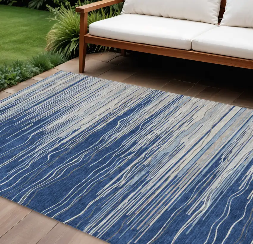 Navy Blue Gray And Ivory Striped Washable Indoor Outdoor Area Rug Photo 1