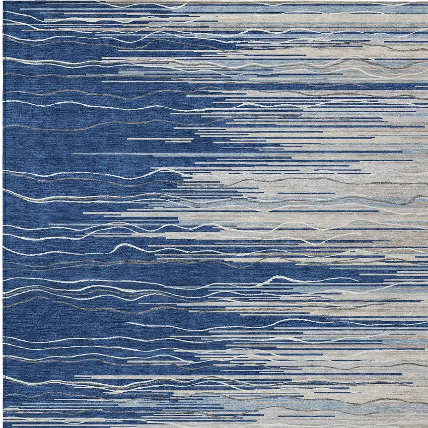 Navy Blue Gray And Ivory Striped Washable Indoor Outdoor Area Rug Photo 5