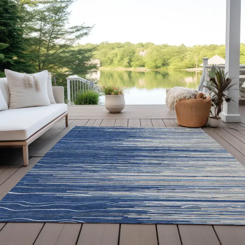 Navy Blue Gray And Ivory Striped Washable Indoor Outdoor Area Rug Photo 9